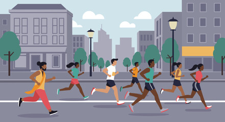 Running event in urban setting diverse group of athletes competing cityscape environment dynamic viewpoint. Vector illustration
