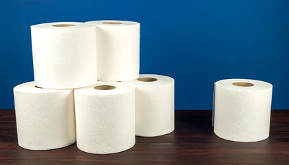Stack of white paper towels on a wooden surface against a blue background