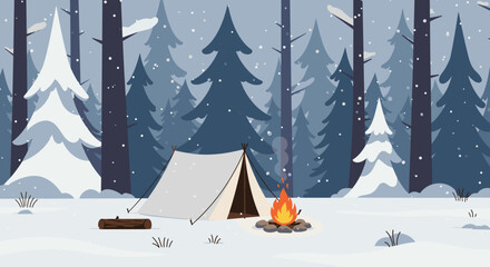 Camping adventure in snowy forest digital illustration serene winter landscape cozy campfire scene. Vector illustration