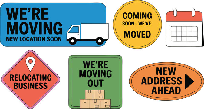 Colorful Cartoon Moving Announcement Icons Set Relocation, New Address, Business Moving, Moving Truck, Moving Out