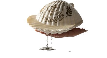 Baptism shell with water dripping christian symbol religious ceremony sacrament holy water vessel 100 characters