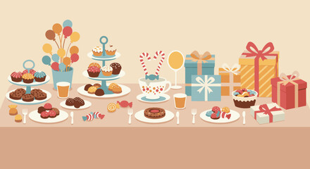Festive dessert table with colorful treats and gifts birthday celebration indoor setting aerial view joyful atmosphere. Vector illustration