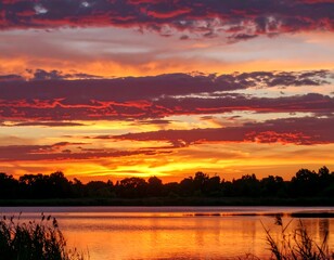 Sunset over a lake, colorful clouds