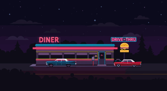 Nighttime diner drive-thru scene retro style illustration urban environment front view nostalgic vibes. Vector illustration