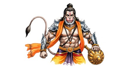 Detailed illustration of hanuman deity adorned with armor and accessories