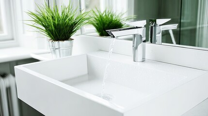 Fototapeta premium Modern minimalist bathroom sink with chrome faucet, flowing water, and potted greenery