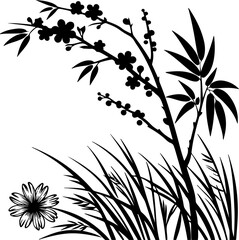 Fototapeta premium Bamboo grass silhouette with oriental floral decoration