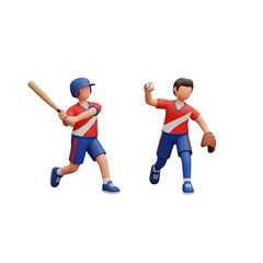 Dynamic 3d cartoon illustration of young sports characters playing baseball, with a batter and pitcher in a game