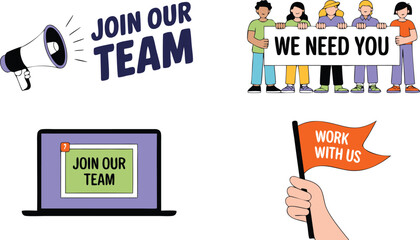 Hand Drawn Cartoon Recruitment Graphics Join Our Team, We Need You, Work With Us