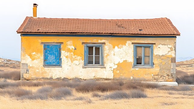 Derelict Yellow House with Blue Windows in Dry Grassland