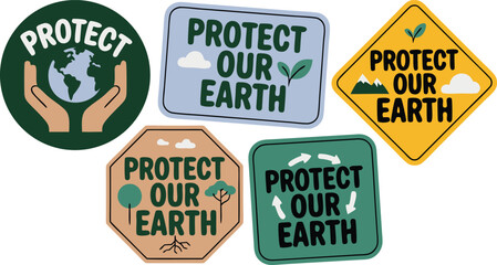 Obraz premium Illustrated Earth Protection Stickers Green Circle, Blue Cloud, Yellow Mountain, Tan Tree, and Recycling