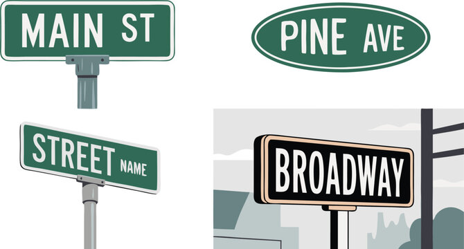 Illustrated Street Signs Main St, Pine Ave, Generic Street Name, and Broadway Landmarks