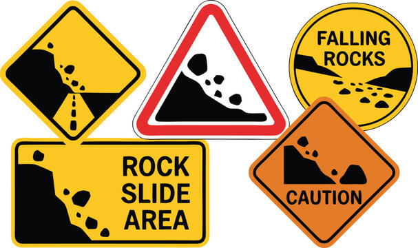 Illustration of Yellow and Orange Falling Rock and Rock Slide Warning Signs