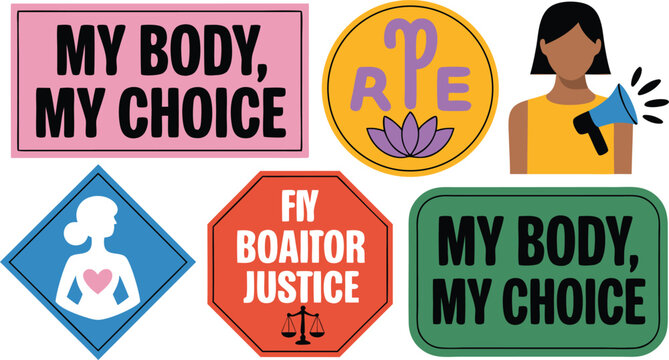 ProChoice Feminist Art Collection Featuring My Body My Choice and Justice Slogans