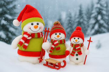 AI-generated image of three plush snowmen standing on snowy slopes with pine trees and falling snowflakes.
