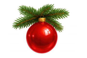 Gleaming red christmas ornament dangling from evergreen branch, isolated backdrop highlighting festive seasonal decoration