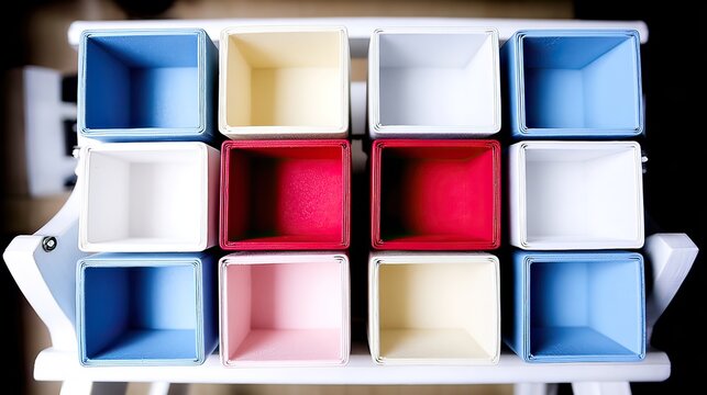 Overhead view of twelve empty pastel-colored square boxes arranged neatly on a white shelf, showcasing a vibrant and organized display