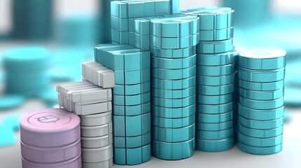 Abstract 3D Financial Growth Chart Turquoise White Blocks Cylinders