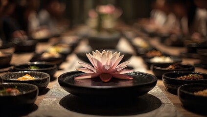Lotus flower atop black plates surrounded by neatly arranged bowls of food on table, blurred background with peaceful diners