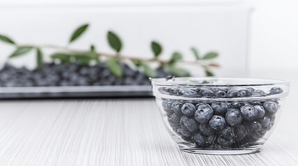 A clear glass bowl filled with plump blueberries sits on a light wood surface.  A larger container of blueberries and a sprig of leaves are blurred in the background