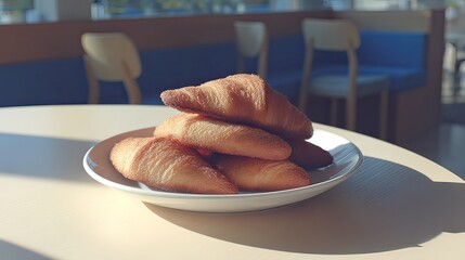 A stack of golden-brown croissants sits on a white plate on a light beige table in a sunlit cafe, with blurred blue chairs and tables in the background