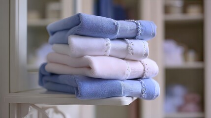 Neatly stacked baby blankets in pale blue, white, and pink, featuring delicate embroidered detailing, rest on a white shelf within a softly lit, organized closet