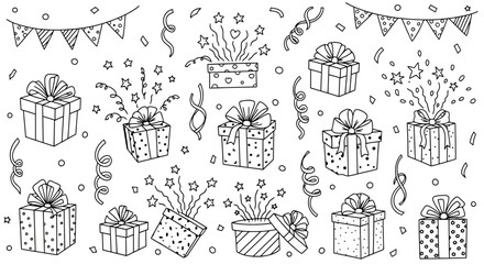 Festive Line Art Collection of Celebration Elements Featuring Gift Boxes, Confetti, and Bunting Banners for Holiday-Themed Designs and Creative Projects