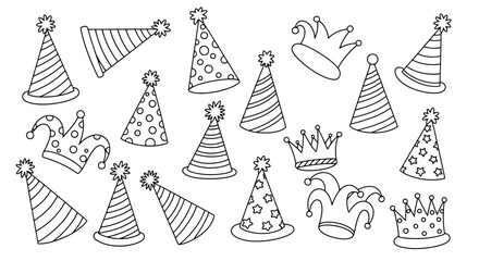 Collection of Hand-Drawn Party Hats and Crowns in Black and White for Celebrations, Coloring Books, and Creative Design Projects