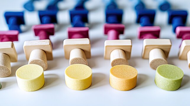 Rows of pastel-colored wooden and foam blocks, cylindrical and rectangular shapes stacked in repeating patterns on a white surface, creating a visually appealing and organized arrangement