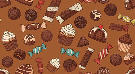 Delicious Chocolate and Candy Seamless Pattern for Confectionery Designs, Gift Wraps, and Sweet Themed Marketing Materials, Suitable for Adobe Stock