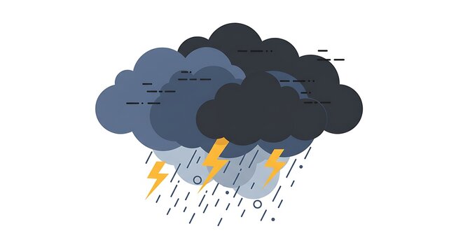 Vector illustration of a thunderstorm with dark ominous clouds, heavy rain, and yellow lightning bolts. A flat design icon for stormy weather concepts