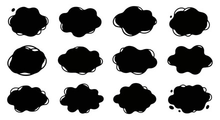 Collection of Twelve Hand-Drawn Black Speech Bubbles and Thought Balloons, Perfect for Adding a Creative Touch to Web Design, Presentations, and Social Media Content