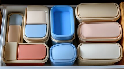 Neatly organized drawer filled with various pastel-colored rectangular and square plastic storage containers,  stacked and arranged for efficient space utilization