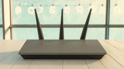 A grey wireless router with three antennas sits on a light wood table, illuminated by a window with decorative frosted lettering.  Status lights glow red and green