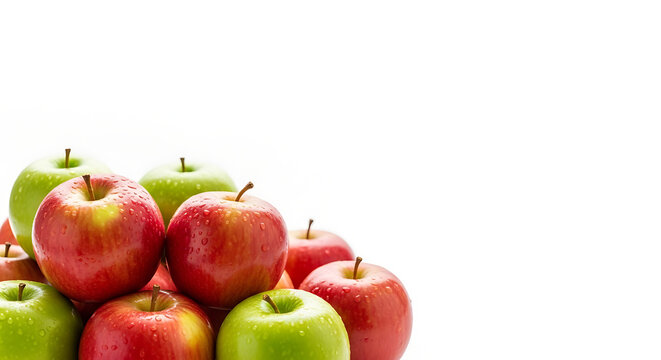 A vibrant pile of fresh red and green apples with water droplets isolated on a clean white background.