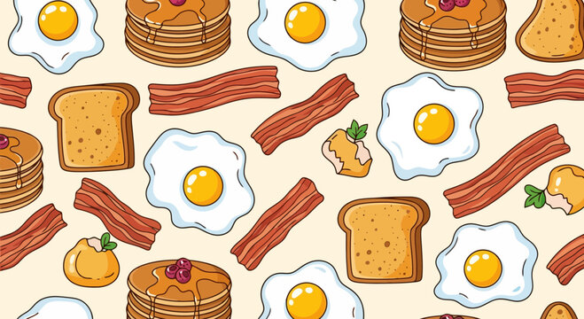 Cheerful Breakfast Food Pattern Featuring Pancakes, Eggs, Bacon, and Toast for Culinary Designs and Restaurant Menus, Suitable for Backgrounds