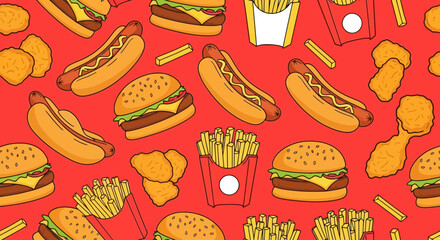 Whimsical Fast Food Pattern Featuring Burgers, Hot Dogs, and Fries on a Vibrant Red Backdrop, Ideal for Food-Related Designs and Culinary Themed Projects