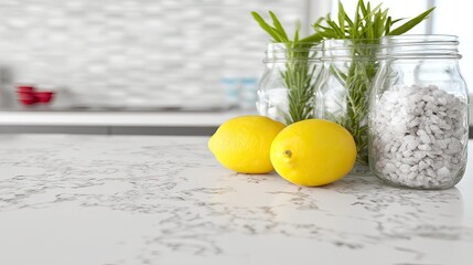Two lemons sit on a light-grey countertop near glass jars containing fresh herbs and white pebbles; a blurred kitchen background is visible