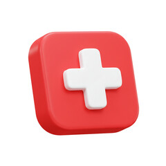 Fototapeta premium A vibrant, three-dimensional rendering showcases a red square with a prominent white cross, symbolizing aid and assistance, set against a dark background.