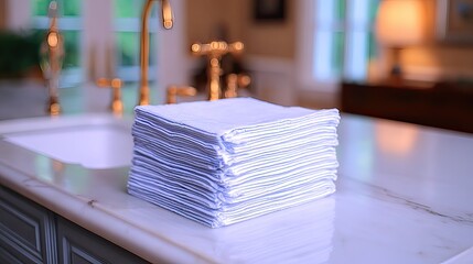 Neat stack of pristine white cloths rests on a light-colored marble countertop in a bright, subtly blurred kitchen setting