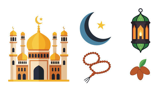 Vibrant Islamic Holiday Icons Depicting Mosque, Crescent Moon, Lantern, Beads, and Dates for Ramadan and Eid Celebrations