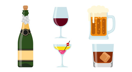 Assorted Alcoholic Beverages Illustration Featuring Champagne, Wine, Cocktail, Beer, and Whiskey. Suitable for Bar Menus, Party Invitations, or Drink Guides.