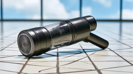 Sleek, black handheld device with a transparent cylindrical section, resting on a geometric tiled floor against a bright window backdrop