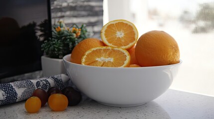 A white bowl brimming with whole and halved oranges sits on a kitchen counter near a small potted plant and a few grape tomatoes.  Sunlight streams in from a window behind