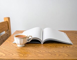 Fototapeta premium Cozy Still Life Tea, Open Book, and Wooden Table in Natural Light