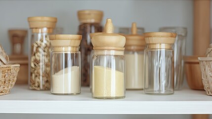 Glass jars with wooden lids, containing various powders and dried goods, neatly arranged on a white shelf alongside woven baskets and other containers