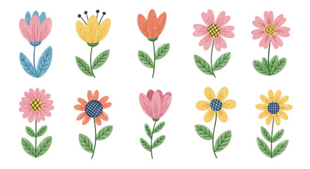 Whimsical Floral Collection Featuring Hand-Drawn Style for Decorative Designs, Springtime Themes, and Children's Illustrations, Suitable for Backgrounds, Patterns, and Crafts