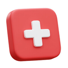 Obraz premium A vibrant, three-dimensional rendering showcases a white cross symbol atop a red, rounded square, representing concepts of healthcare and assistance with a modern aesthetic.
