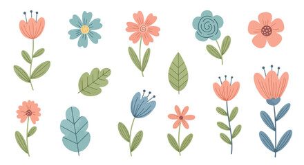 Charming Floral Illustration Collection Featuring Delicate Pastel Colors and Whimsical Designs, Perfect for Spring-Themed Projects and Festive Seasonal Greetings.