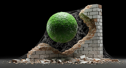 Conceptual rupture: a cracked barrier revealing an uncanny orb within